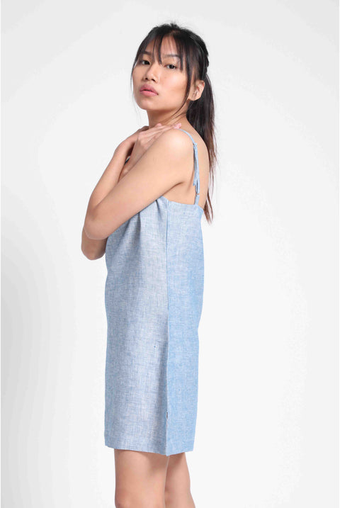 Linen Slip Dress in- Blue Chambray