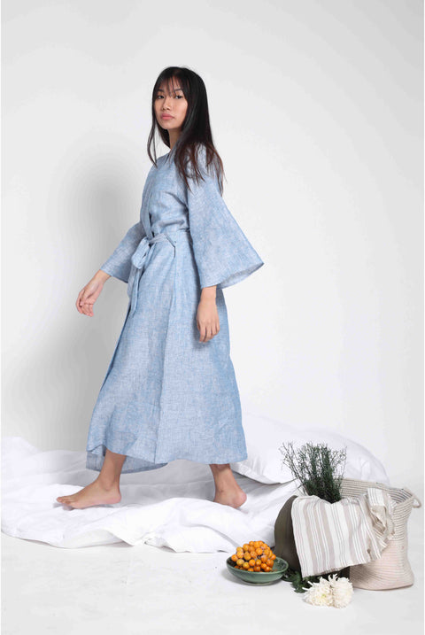 Linen Robe- Blue Chambray ( Free Size)