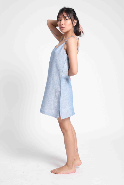 Linen Slip Dress in- Blue Chambray