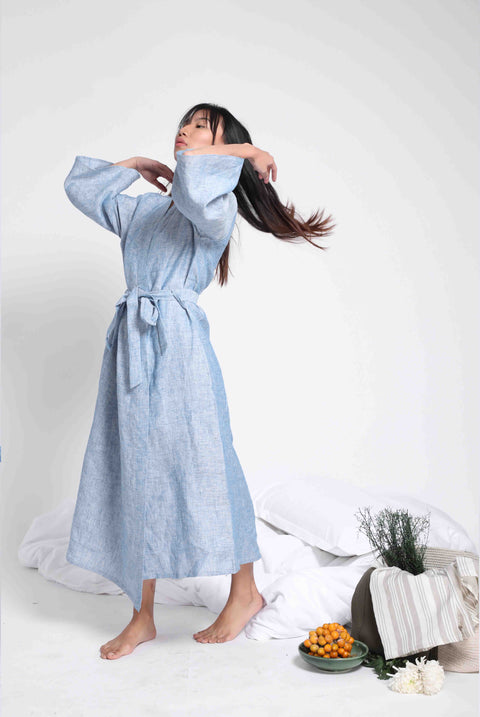 Linen Robe- Blue Chambray ( Free Size)