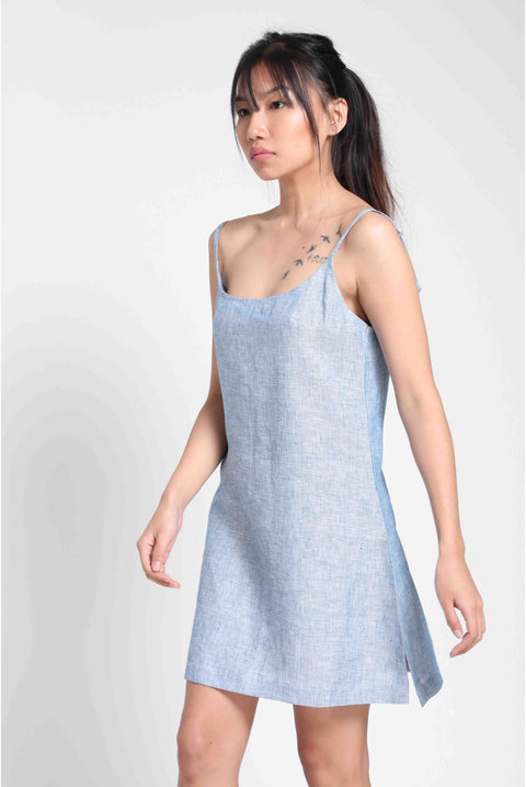 Linen Slip Dress in- Blue Chambray
