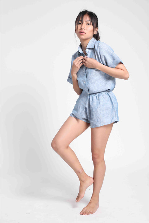 100% Linen shorts set - Blue Chambray