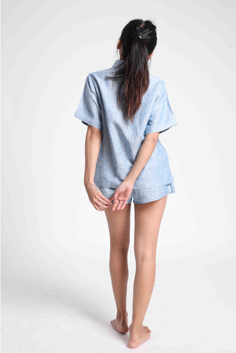 100% Linen shorts set - Blue Chambray