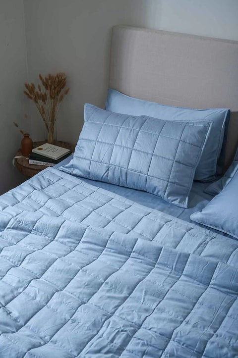 100% Sky Blue Cotton Quilted Bed Cover Set (Box-Pattern)