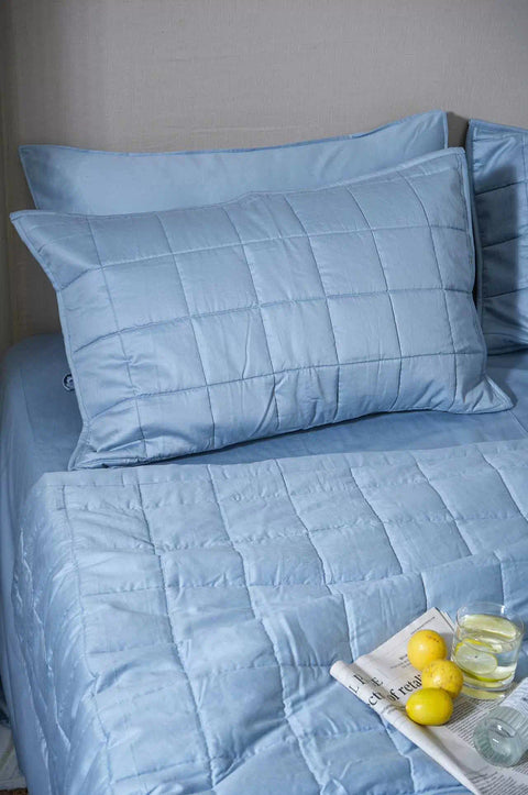 100% Sky Blue Cotton Quilted Bed Cover Set (Box-Pattern)
