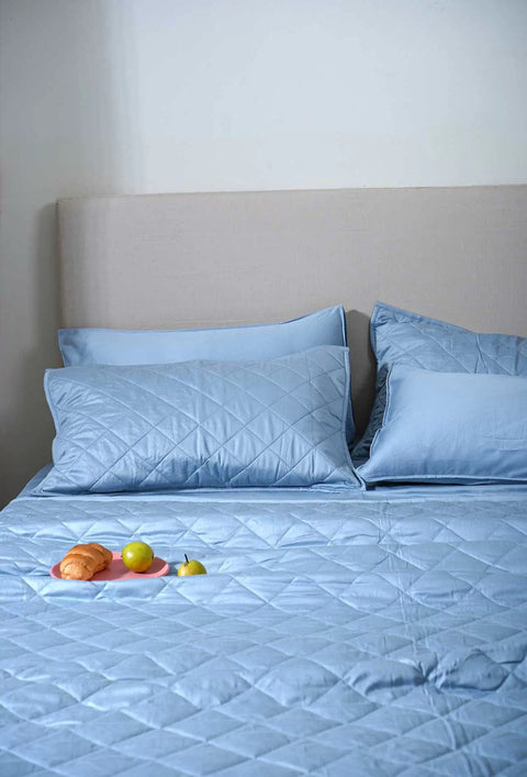 100% Sky Blue Cotton Quilted Bed Cover Set (Box-Pattern)