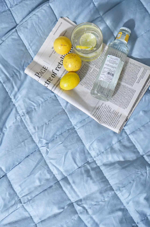 100% Sky Blue Cotton Quilted Bed Cover Set (Box-Pattern)