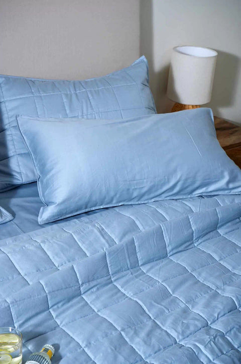100% Sky Blue Cotton Quilted Bed Cover Set (Box-Pattern)