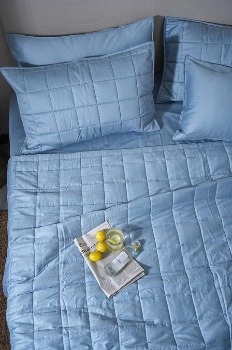 100% Sky Blue Cotton Quilted Bed Cover Set (Box-Pattern)