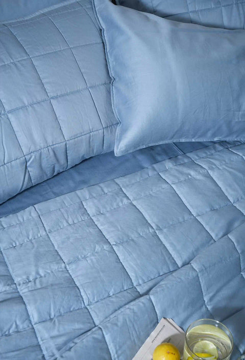 100% Sky Blue Cotton Quilted Bed Cover Set (Box-Pattern)