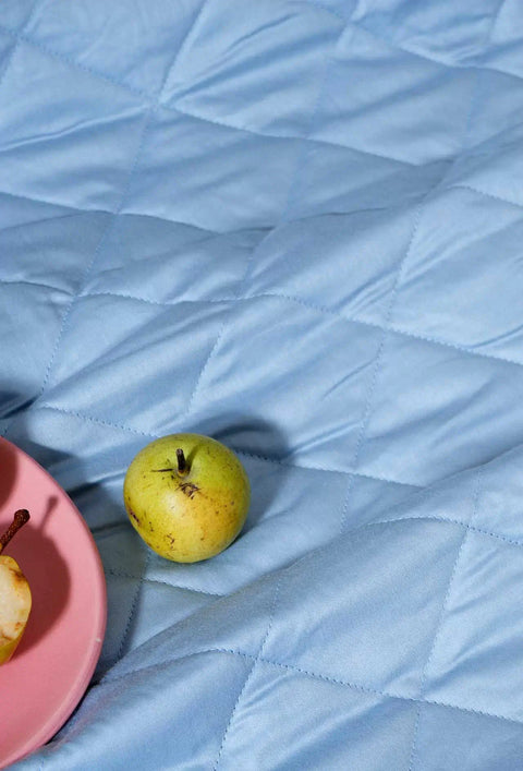 100% Sky Blue Cotton Quilted Bed Cover Set (Box-Pattern)