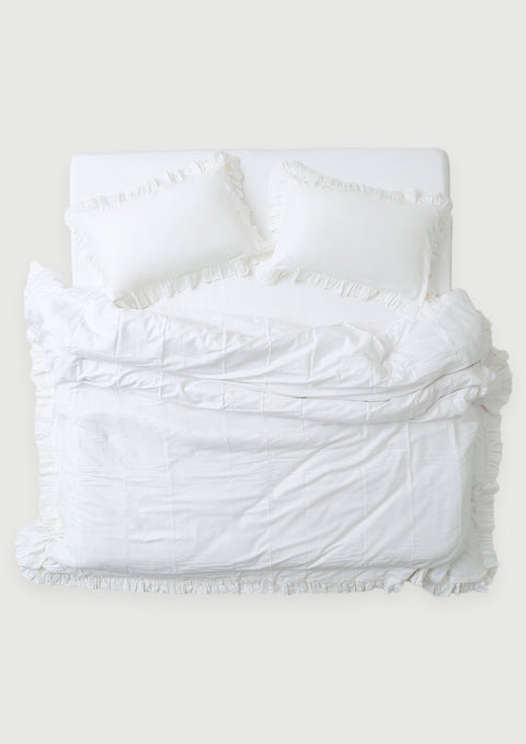 100% Organic Cotton Duvet Cover With Ruffled Pillowcases- White (300 TC)