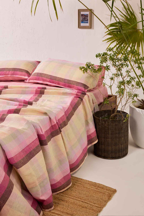 Cherry Blossom Checks- 100% Linen Bedsheet with Pillow Covers