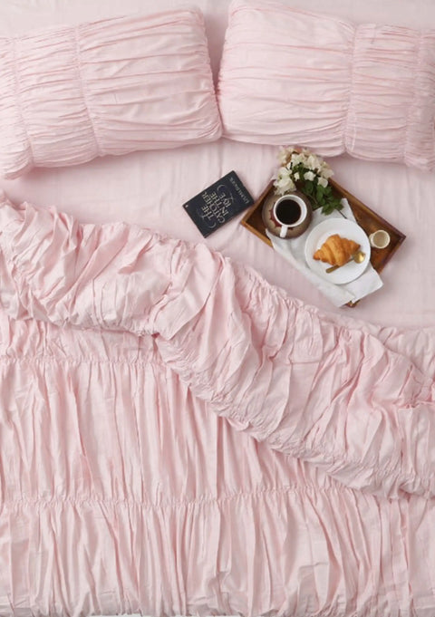 100% Organic Cotton Duvet Cover With Pillowcases- Blush Pink with Gathers (300 TC)