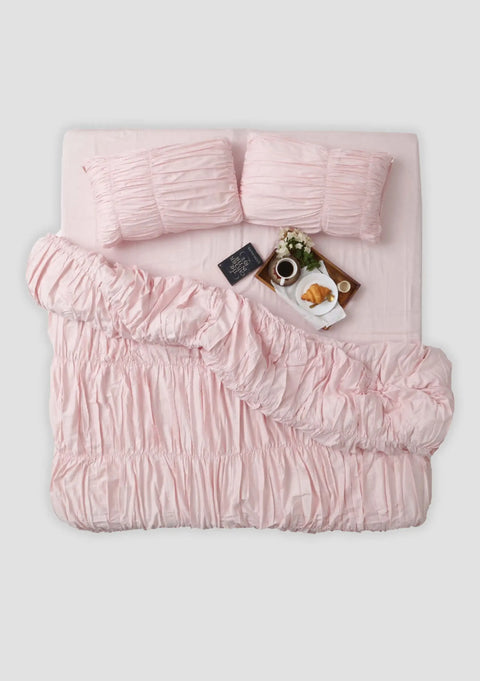 100% Organic Cotton Duvet Cover With Pillowcases- Blush Pink with Gathers (300 TC)