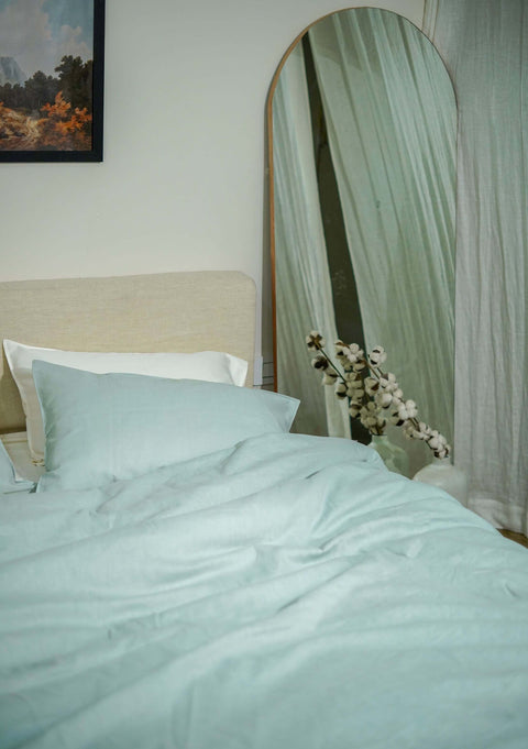 100% Linen Bedsheet With Pillowcases- Mint