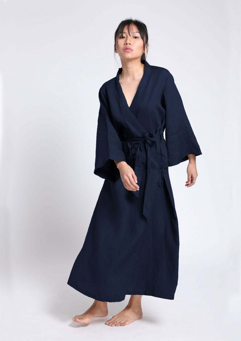 Linen Robe- Navy ( Free Size)
