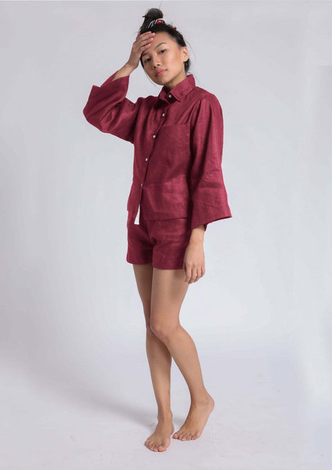 100% Linen shorts set in- Maroon