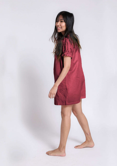 100% Linen Ruffle Dress in- Maroon