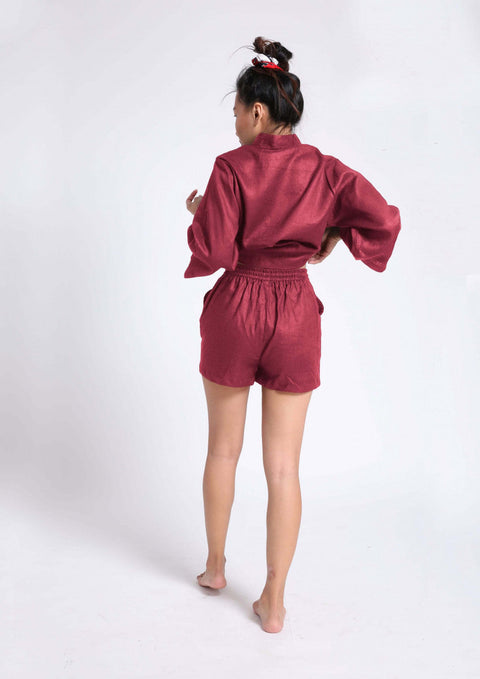 100% Linen shorts set in- Maroon