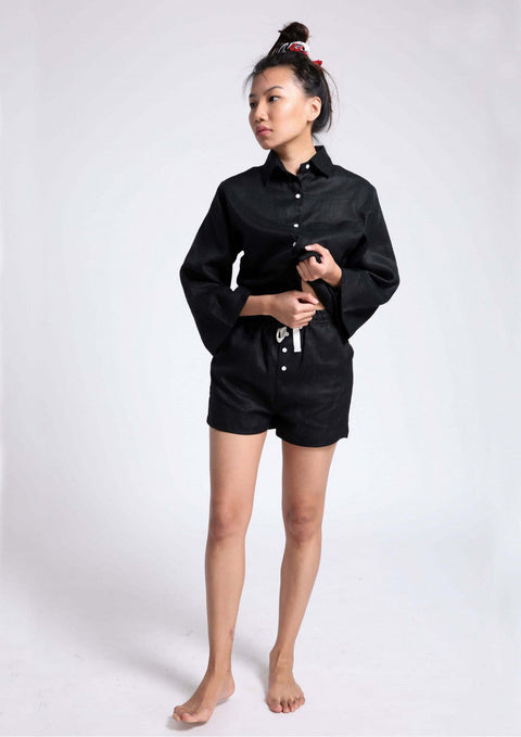 100% Linen shorts set - Black