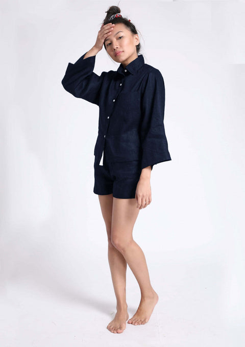 100% Linen shorts set - Navy