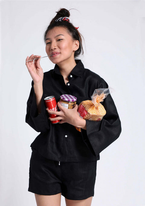 100% Linen shorts set - Black