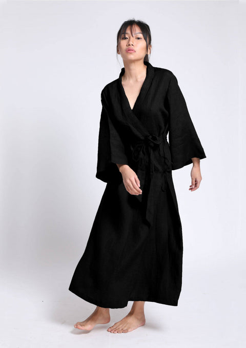 Linen Robe- Black ( Free Size)