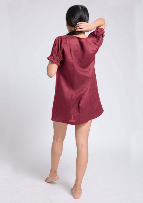 100% Linen Ruffle Dress in- Maroon