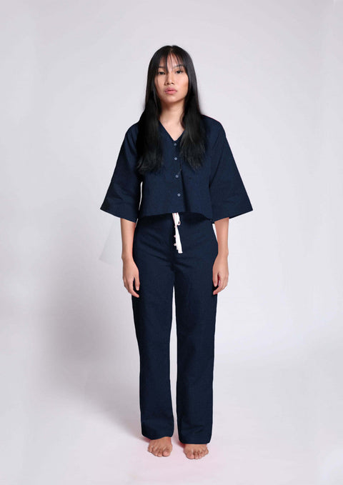 100% Linen Pyjama set with bell sleeves in - Navy
