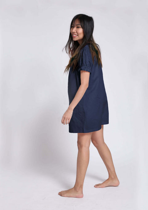 100% Linen Ruffle Dress in- Navy