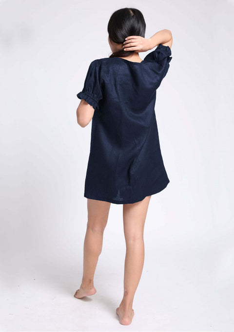 100% Linen Ruffle Dress in- Navy