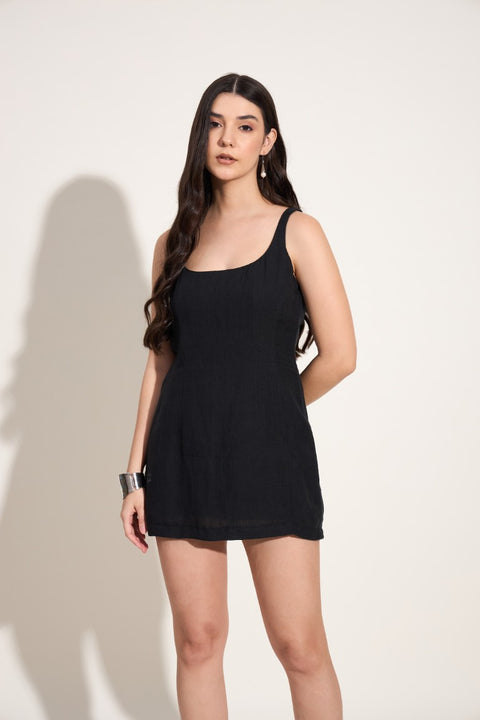 100% Linen A- Line Mini Dress with Round Neck– Black