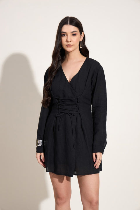 Linen Corset Front Dress| Black