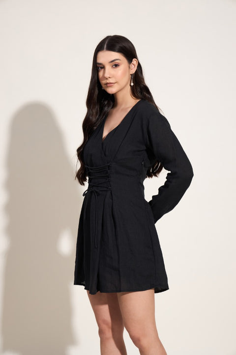 Linen Corset Front Dress| Black