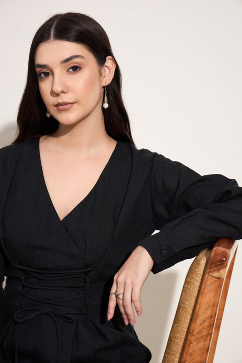 Linen Corset Front Dress| Black