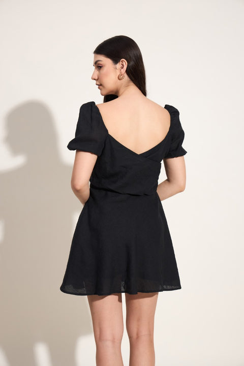 100% Linen Puff Sleeve Mini Dress – Black