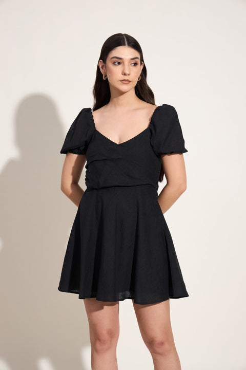 100% Linen Puff Sleeve Mini Dress – Black