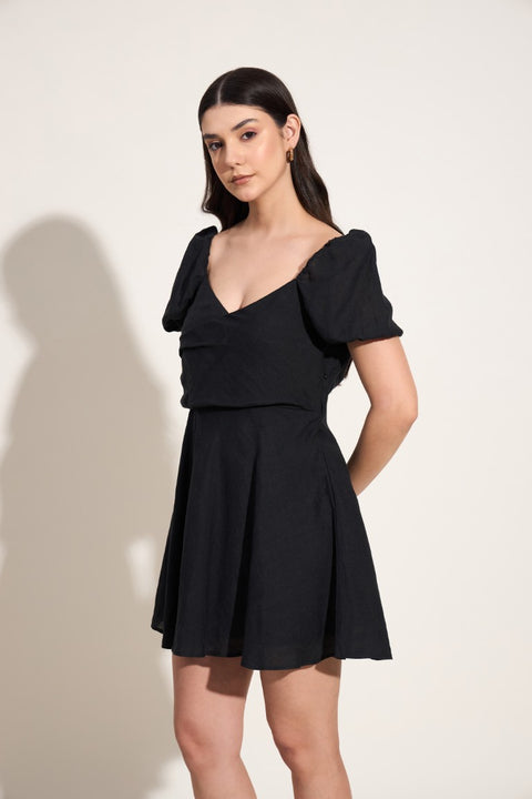 100% Linen Puff Sleeve Mini Dress – Black
