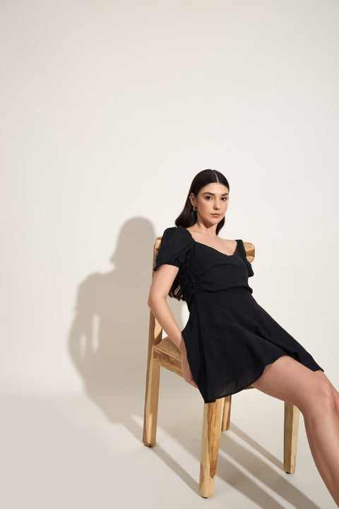 100% Linen Puff Sleeve Mini Dress – Black