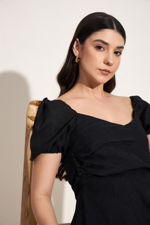 100% Linen Puff Sleeve Mini Dress – Black