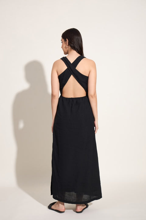 100% Linen Cross Back Maxi Dress – Black