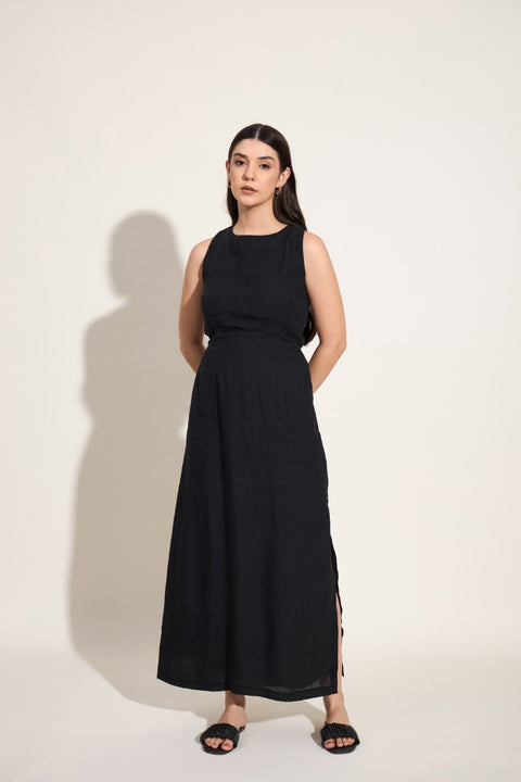 100% Linen Cross Back Maxi Dress – Black