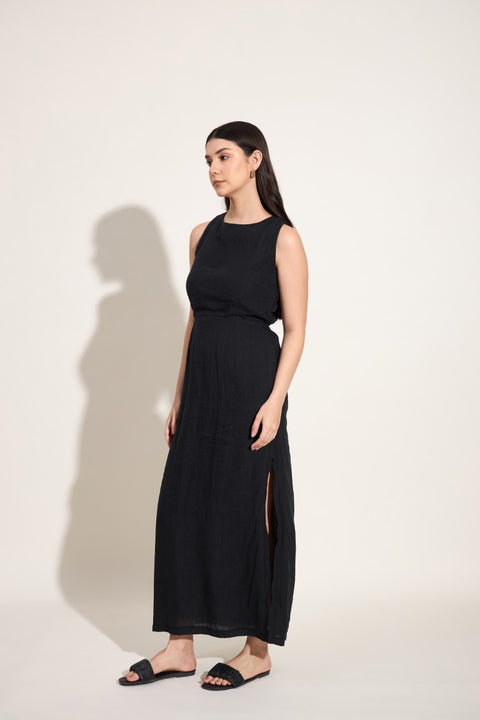 100% Linen Cross Back Maxi Dress – Black