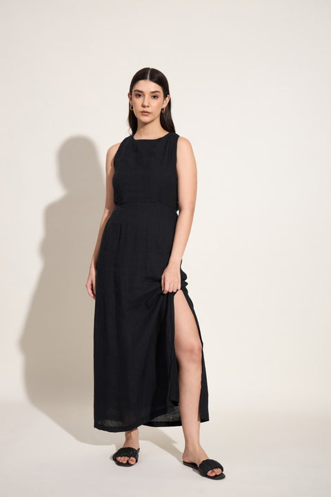 100% Linen Cross Back Maxi Dress – Black