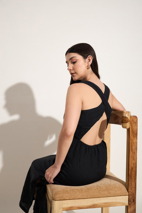 100% Linen Cross Back Maxi Dress – Black
