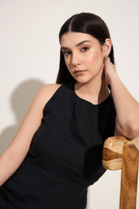 100% Linen Cross Back Maxi Dress – Black