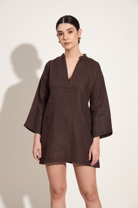 100% Linen V-Neck Long Sleeve Mini Dress – Mocha