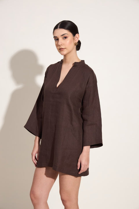 100% Linen V-Neck Long Sleeve Mini Dress – Mocha
