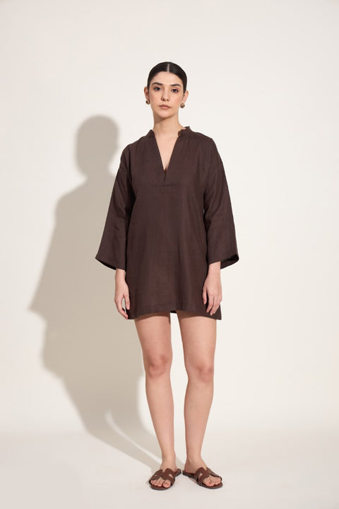 100% Linen V-Neck Long Sleeve Mini Dress – Mocha